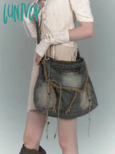 Lunivop Washed Denim Jeans Casual Totes For Women Shoulder Bags Soft Student Large Capacity Vintage